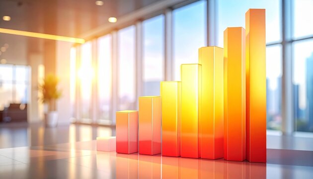 3D bar graph with rising warm-toned bars, sunlight in modern office.