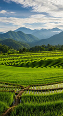 Vibrant Green Rice Terraces Landscape with Distant Mountains Under a Blue Sky