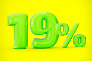 Green jelly digit 19% or Nineteen percent isolated on yellow background. 3d illustration