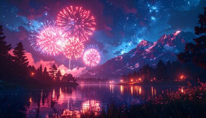 A vibrant nighttime scene of fireworks exploding over a reflective lake with silhouetted trees, mountains, and a starry sky
