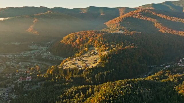 Aerial view colorful forest mountain travel scenic morning summer sun