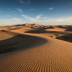Panoramic View of Desert Sand Dunes Under a Serene Blue Sky at Golden Hour