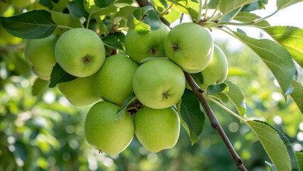 Green Apple on tree in garden, Green Apples on tree in natural warm sunlight background