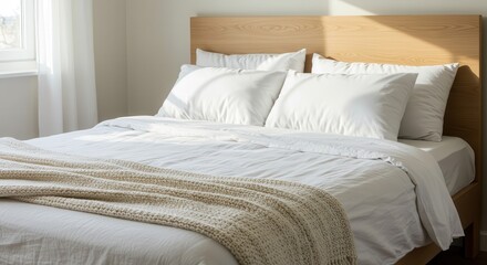 Obraz premium Inviting bedroom with fresh white bedding and a wooden headboard.