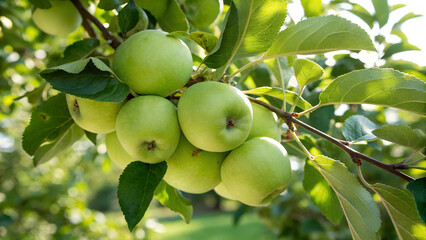 Green Apple hanging tree in garden, Green Apples on tree branch in natural warm sunlight background