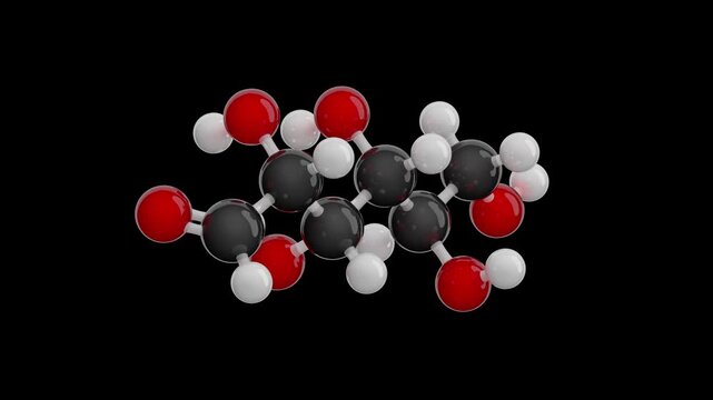 Dextrose (D-glucose). 3D molecular structure of molecule, isolated on black background. Formula: C6H12O6. Chemical model: Ball and stick. Monosaccharide. 3D rendering. Seamless loop