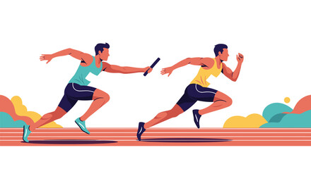 Athletes in a relay race passing the baton during a competition.