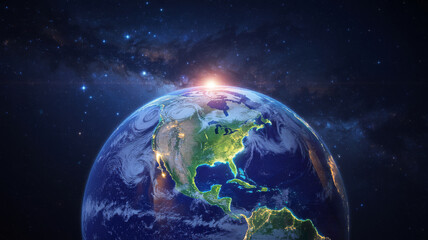 Fototapeta premium Sunrise over north america from space, with stars and galaxy satellite
