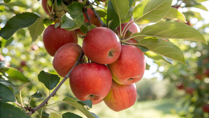 Red Apple on tree in garden, Red Apples on tree in natural warm sunlight background