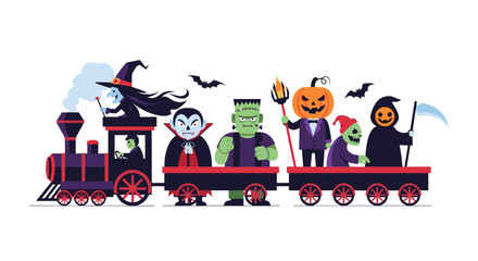 A spooky halloween train carrying monsters and creatures on a journey.