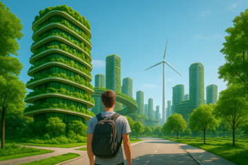 Futuristic panoramic skyline showing a sustainable urban district at golden hour: mixed-use towers with vertical gardens, integrated solar glass panels and visible micro-mobility lanes.