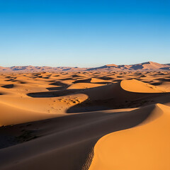 Golden Sand Dunes and Blue Sky in a Vast Desert Landscape