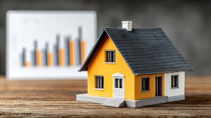 A small yellow house sits on a wooden table next to a graph. The house is a model and the graph is a representation of data. Scene is one of focus and concentration