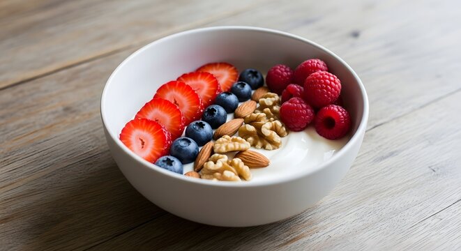 A bowl of yogurt topped with strawberries blueberries raspberries almonds and walnuts on a wood surface - Powered by Adobe