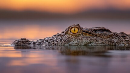 Obraz premium Crocodile emerges from water at sunset