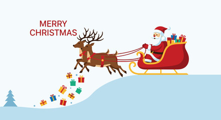 Fototapeta premium Merry christmas santa claus with reindeer and sleigh flying over snowy hill.