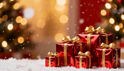 Glossy red Christmas gift boxes with golden ribbons in warm, festive setting.
