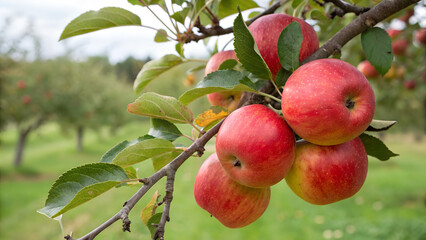 Red Apples on tree branch in garden, Red Apple hanging on tree in natural background