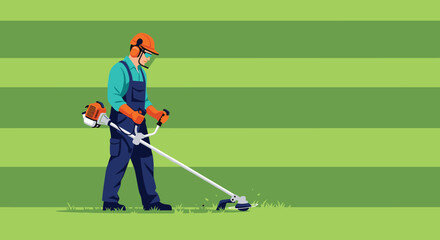 Professional gardener carefully trimming grass with a string trimmer in a well-maintained yard.
