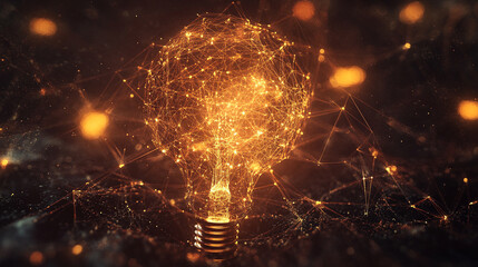 Hyperrealistic visualization of creative ideas forming through a glowing digital network, symbolizing global connection, innovation, and the fusion of technology with human imagination and insight.