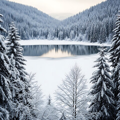 Serene Winter Landscape with Partially Frozen Lake and Snowy Pine Forest