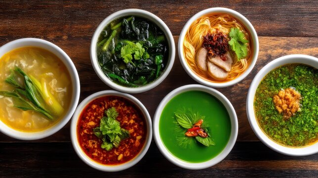 A multicultural dining experience featuring Asian herbal broths served in bowls, with subtle flags showcasing various culinary roots.