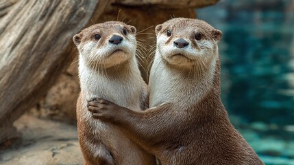 Obraz premium Two adorable otters are hugging in a warm embrace. The otters look up at the camera with their sweet faces and whiskers. The background has rocks and water.
