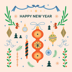 Happy New Year greeting card with festive decorations including ornaments and pine branches