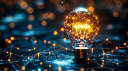 Hyperrealistic visualization of creative ideas forming through a glowing digital network, symbolizing global connection, innovation, and the fusion of technology with human imagination and insight.