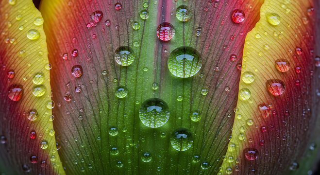 Extreme Macro of Tulip Petal with Rainbow Water Drops and Vibrant Colors