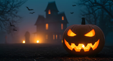 Obraz premium Illuminated pumpkin in front of the haunted house.