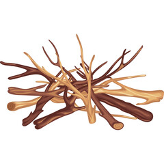 Pile Of Dry Twigs And Branches In Earth Tones For Campfire Preparation Isolated On White Background Studio Shot