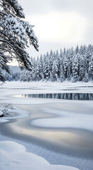 Peaceful Winter Wonderland Scene with Icy Lake and Snowy Trees