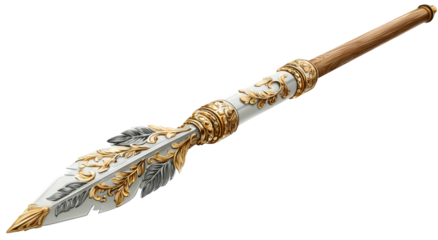 Ornamental spear with white and gold detailing on a wooden shaft