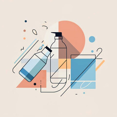 Sports drink next to towel,  Abstract illustration of cosmetic bottles with geometric shapes and a pastel color palette