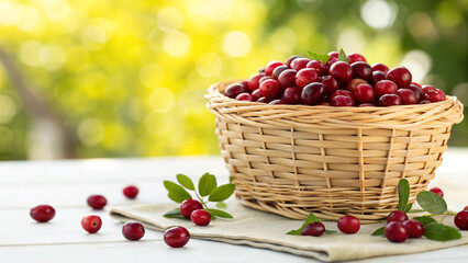 Cranberries in basket on white surface in natural warm sunlight background