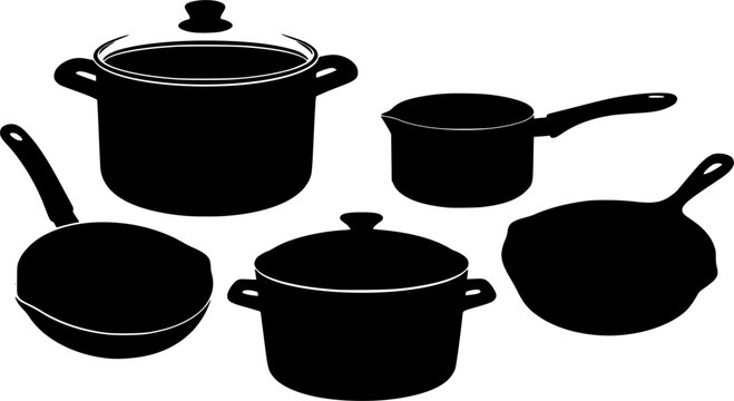 Collection of black cooking pots and pans silhouette isolated on white background
