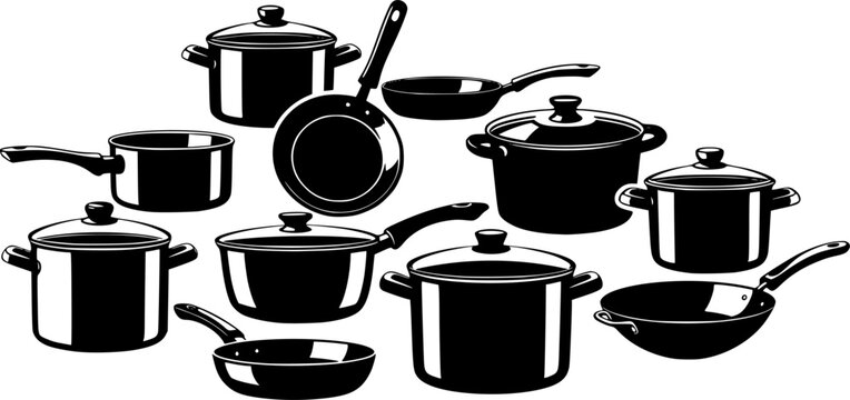 Collection of black cooking pots and pans silhouette isolated on white background
