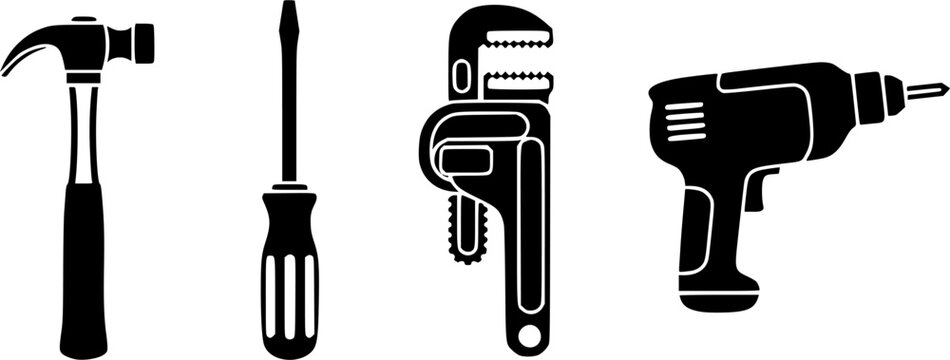 Vector objects bundle including hammer screwdriver wrench and drill scalable illustration for design projects silhouette White background
