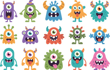 Obraz premium This extensive collection displays fifteen vibrant and distinct cartoon monsters, each with unique features like horns, multiple eyes, and expressive faces, some with their tongues out.