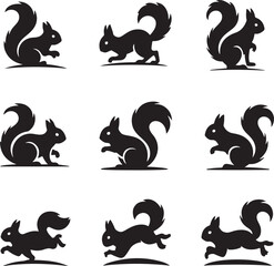 squirrel silhouette vector set grid poses bushy tail running sitting standing dynamic illustrations