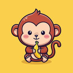 Fototapeta premium Cute cartoon monkey holding banana on yellow background, adorable vector character in flat design, perfect for kids' illustrations, animal mascots, or playful branding projects