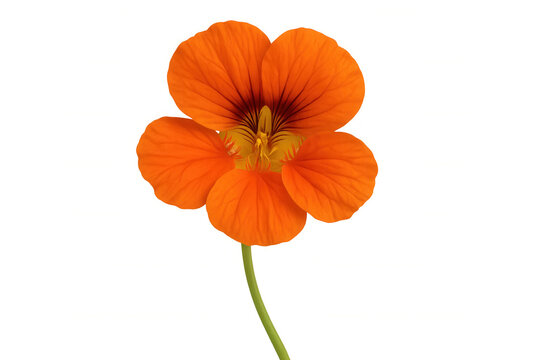 Orange nasturtium flower with green stem blooming, fresh blossom on transparent background