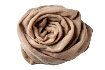 Rolled beige knitted scarf with textured weave isolated on a transparent background fabric textile