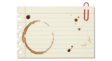 Notepaper with coffee stain and paperclip