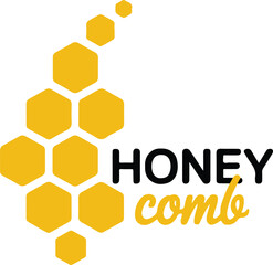 honey comb modern logo with yellow hexagon honeycomb and cursive script for natural food and bee brand identity