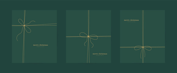 Thin line ribbon, knot gift box bow on green card, banner, invitation tepmlate. Merry Christmas, Happy new year poster design with gold ornament