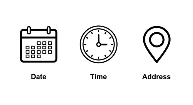 Calendar, Clock, and Location Icons Event Details Vector Set