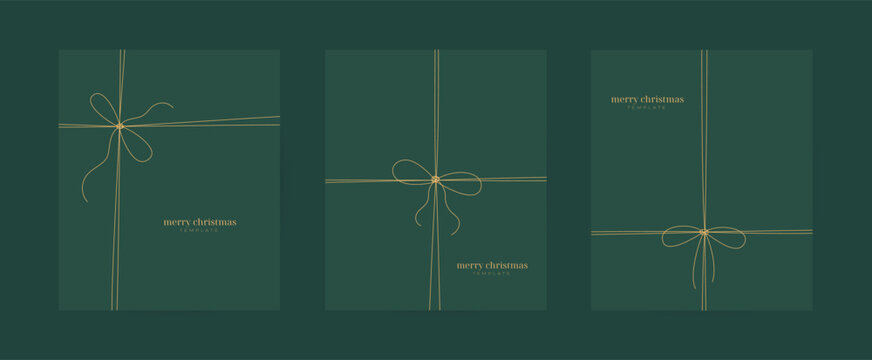 Thin line ribbon, knot gift box bow on green card, banner, invitation tepmlate. Merry Christmas, Happy new year poster design with gold ornament