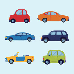 modern flat car icons set: sedan hatchback suv station wagon convertible microcar versatile transport vector pack